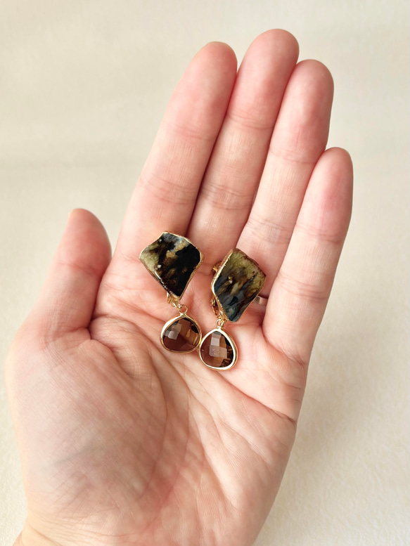 萩焼　金継ぎ　ネジバネ式イヤリング　茶色　揺れる　 伝統工芸　＃335 6枚目の画像