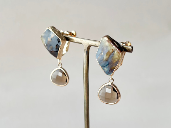 萩焼　金継ぎ　ネジバネ式イヤリング　茶色　揺れる　 伝統工芸　＃335 2枚目の画像