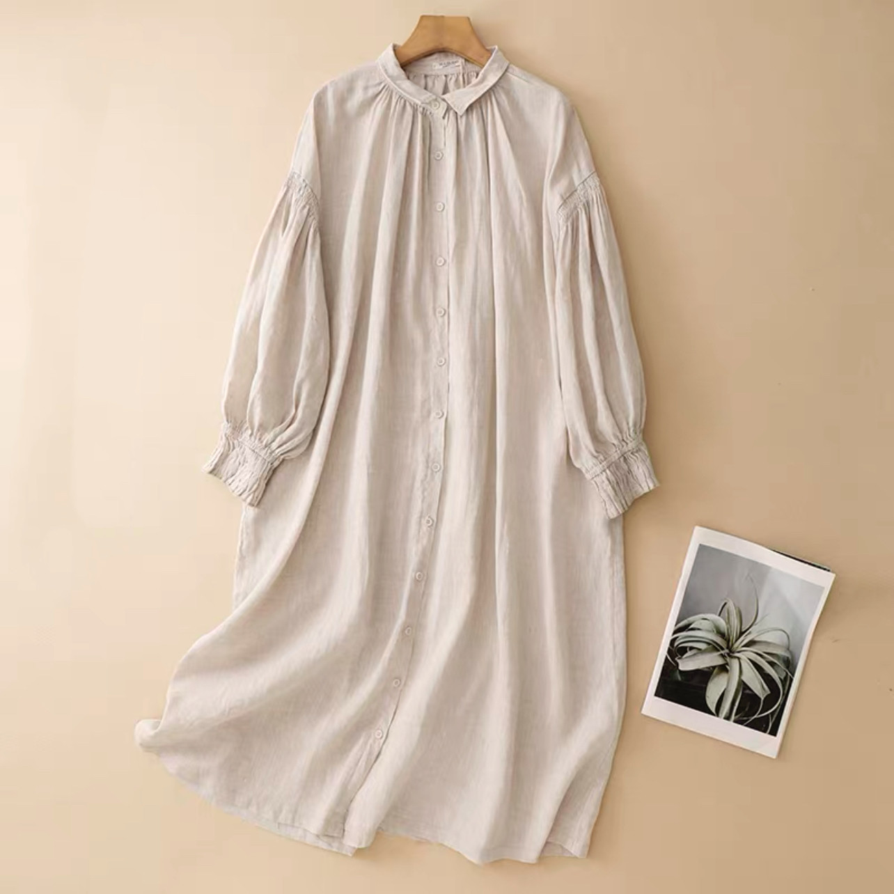 春秋のワンピース、綿麻ワンピース、綿麻ロング丈スカート、コットンリネンワンピース ﻿