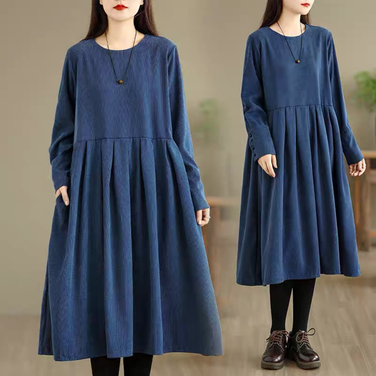 春秋のワンピース、綿麻ワンピース、綿麻ロング丈スカート、コットンリネンワンピース ﻿