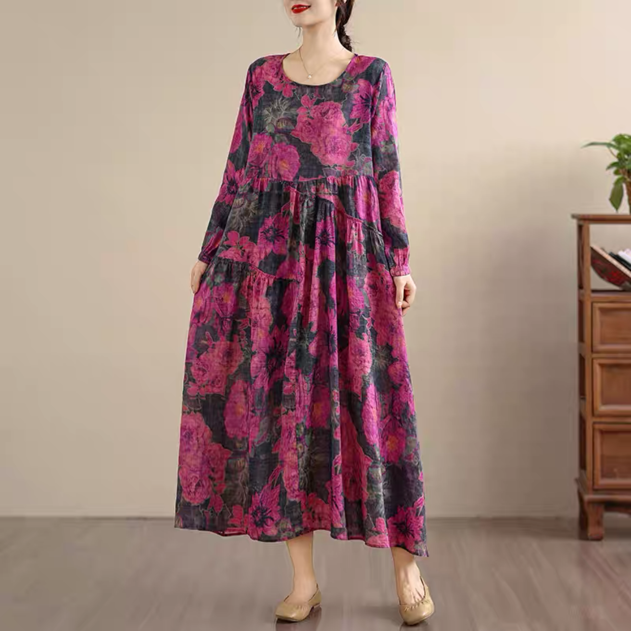 春秋のワンピース、綿麻ワンピース、綿麻ロング丈スカート、コットンリネンワンピース ﻿