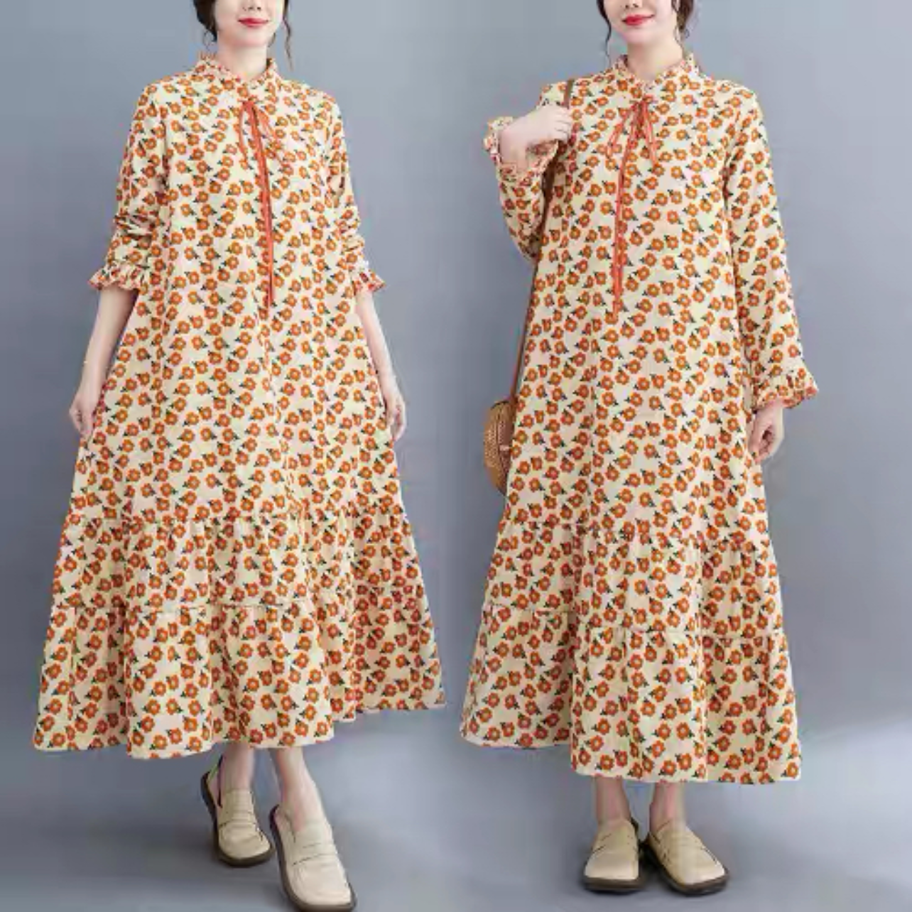 春秋のワンピース、綿麻ワンピース、綿麻ロング丈スカート、コットンリネンワンピース ﻿