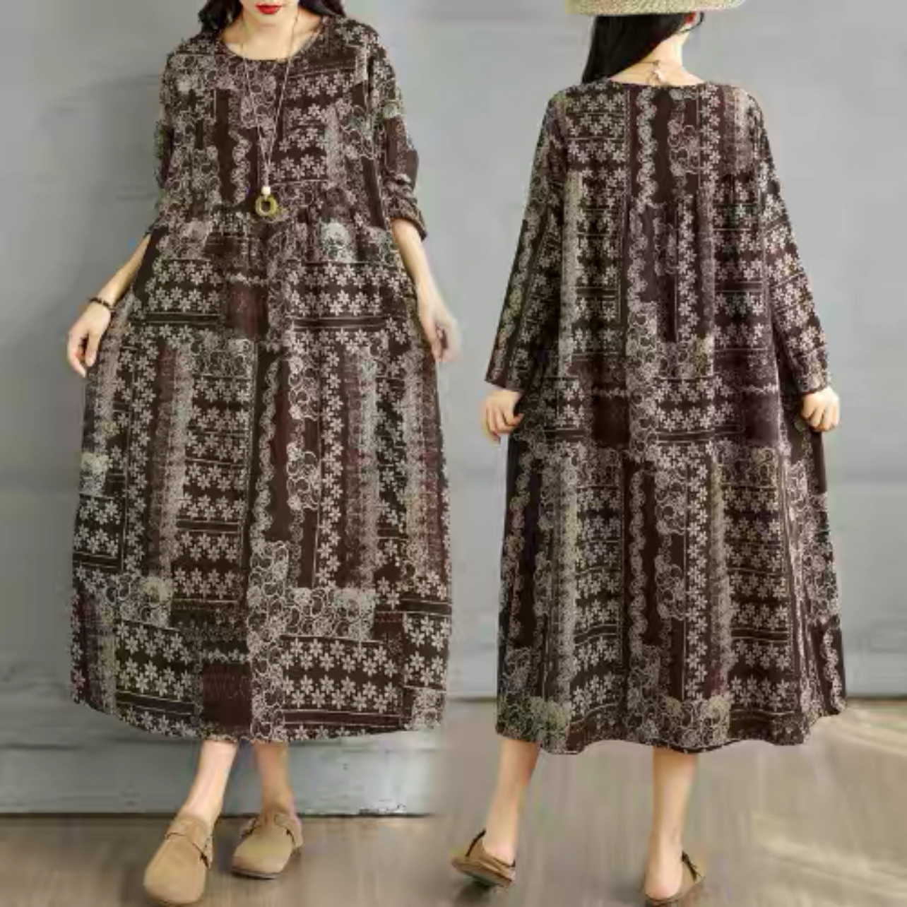 春秋のワンピース、綿麻ワンピース、綿麻ロング丈スカート、コットンリネンワンピース ﻿