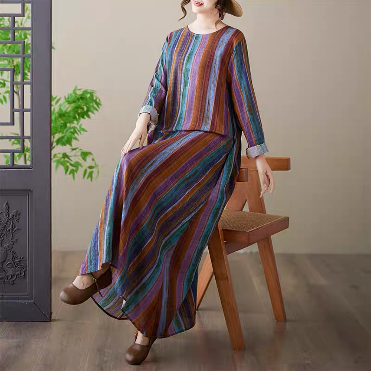 春秋のワンピース、綿麻ワンピース、綿麻ロング丈スカート、コットンリネンワンピース ﻿