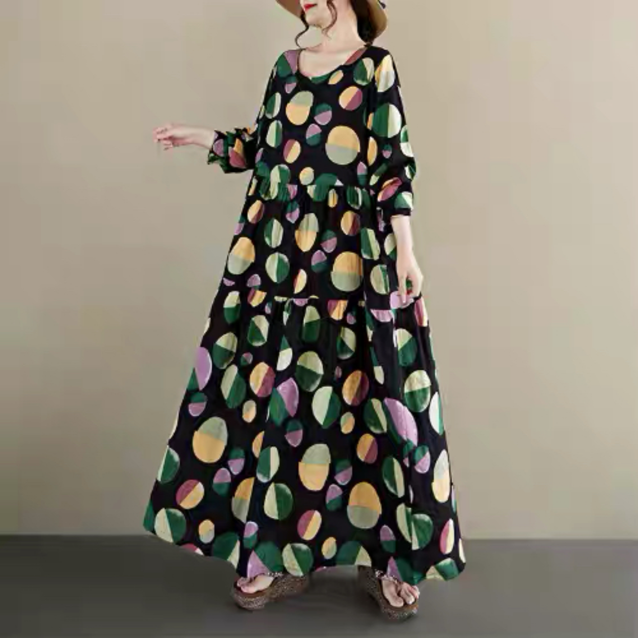 春秋のワンピース、綿麻ワンピース、綿麻ロング丈スカート、コットンリネンワンピース ﻿