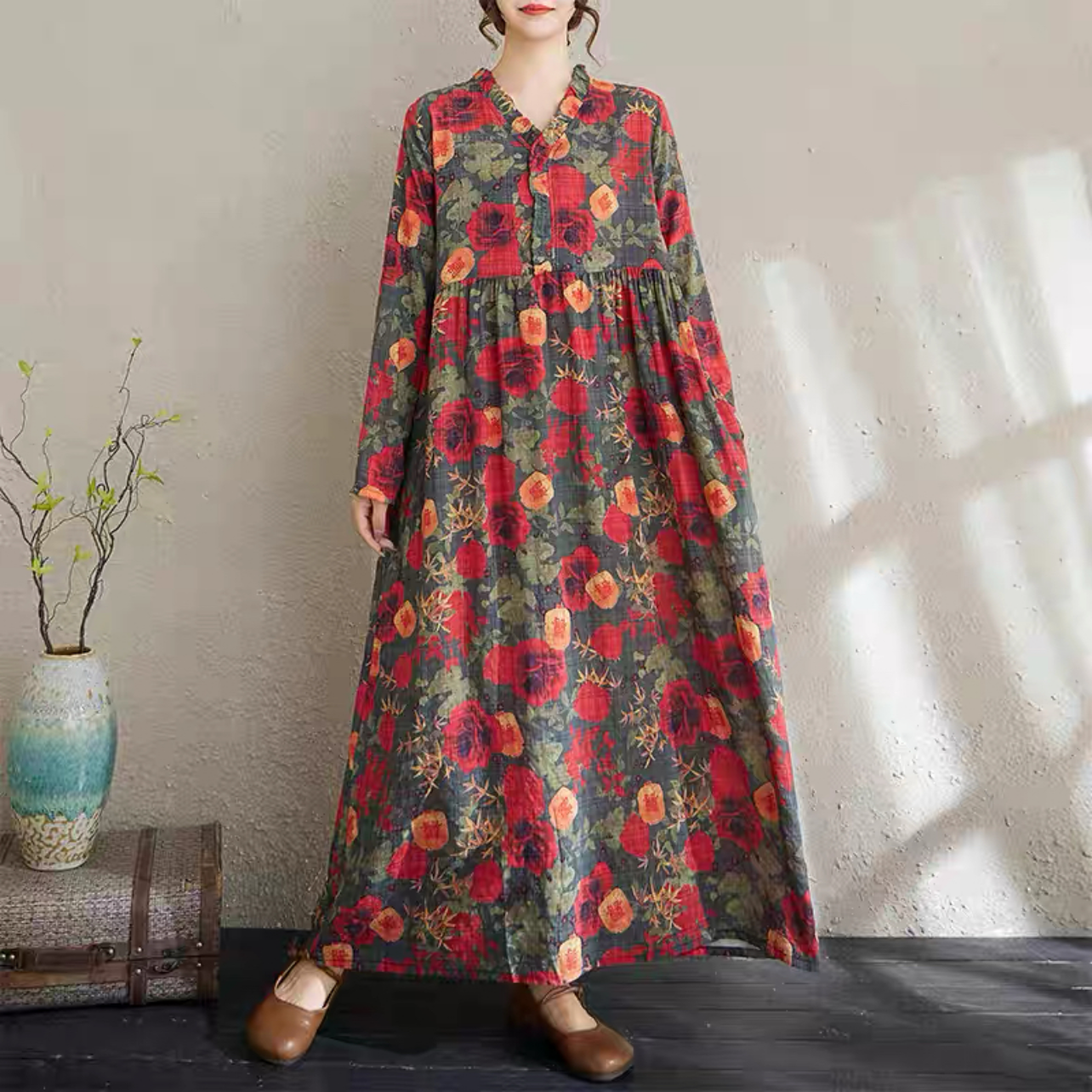 春秋のワンピース、綿麻ワンピース、綿麻ロング丈スカート、コットンリネンワンピース ﻿