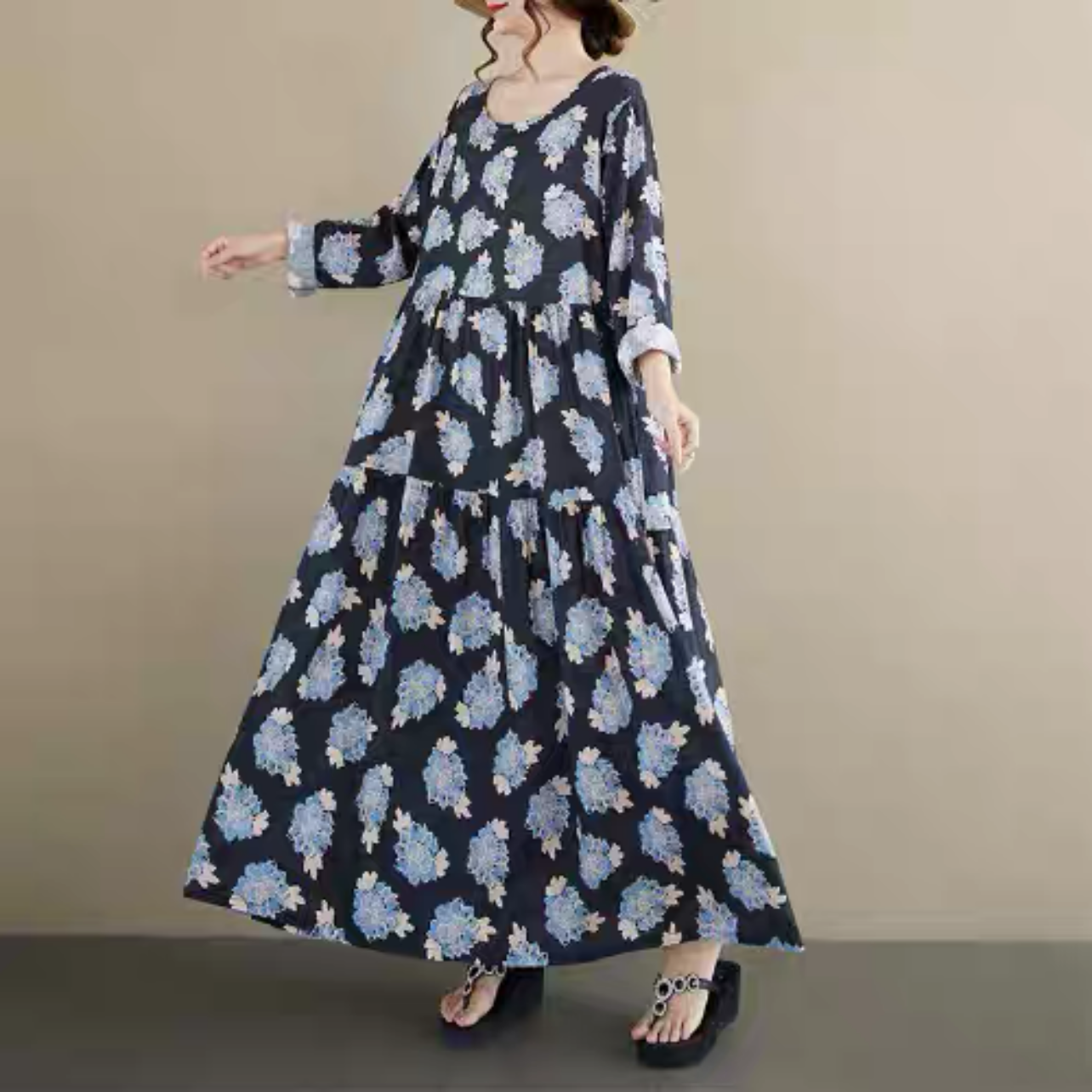 春秋のワンピース、綿麻ワンピース、綿麻ロング丈スカート、コットンリネンワンピース ﻿