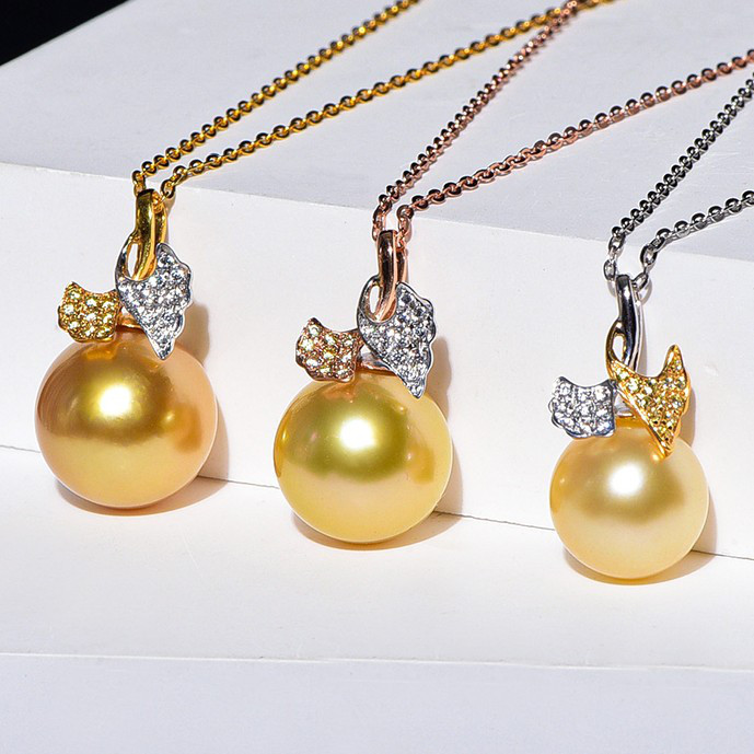 ルミナ 10-14mm 天然南洋ゴールドパールペンダント、18Kゴールドネックレス、銀杏スタイル、リッチゴールドトーン、オリジナ