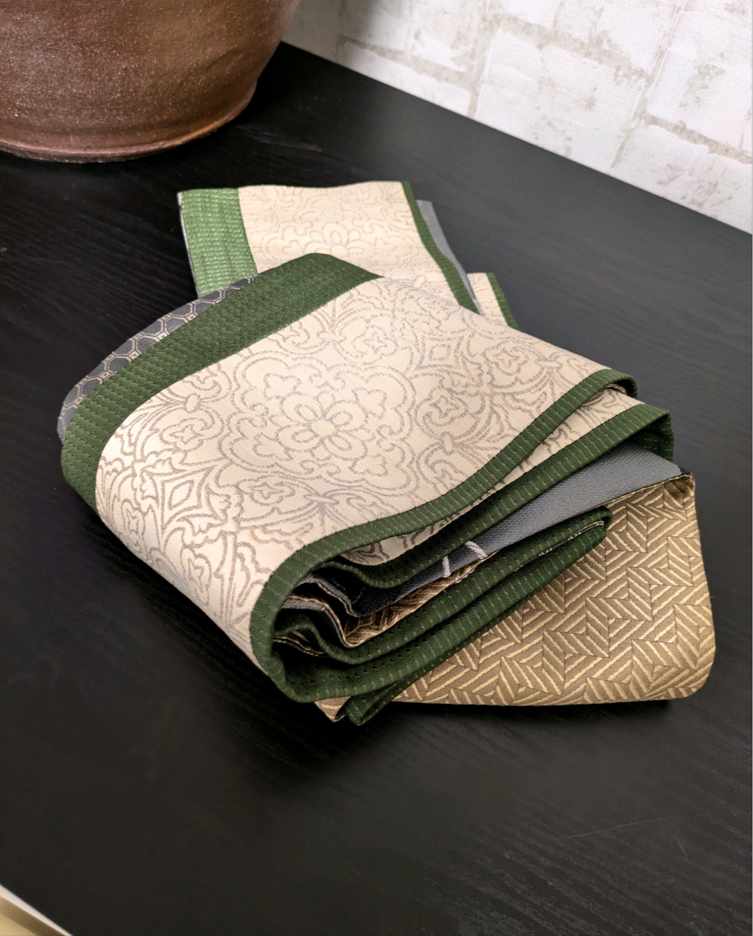 【アラベスク模様トルコ生地】1本で何通りにも●長尺●半幅帯のような兵児帯☆リーフ柄、幾何学模様など5種のテキスタイル使用