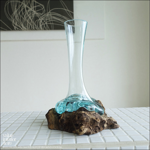 硝子フラワーベースSin12 花瓶 プリミティブガラスベース 手作り 一輪挿し 一点物 ハンドメイド 無垢材 自然な様 1枚目の画像