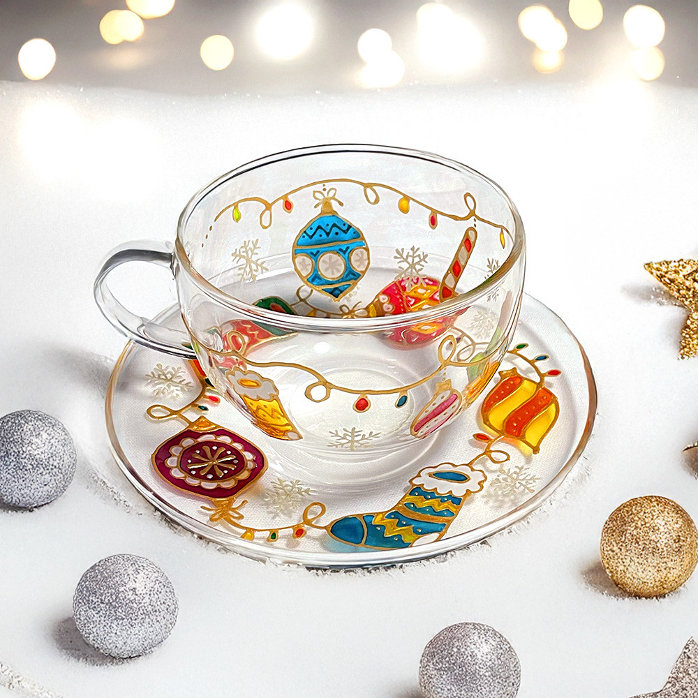 xmasオーナメントティーカップ＆ソーサー｜耐熱/手描き/記念日/パーティ