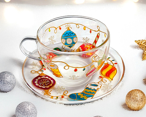 xmasオーナメントティーカップ＆ソーサー｜耐熱/手描き/記念日