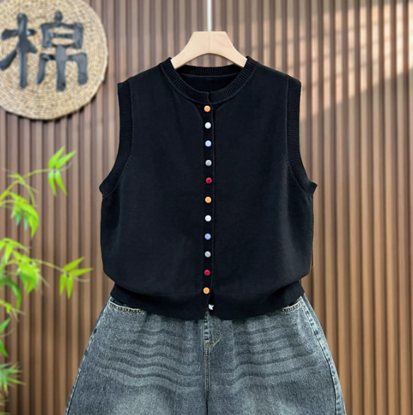 カラーボタン ニットベスト レディース 秋冬 ゆったりオーバーサイズ 綿毛糸 アンサンブル 重ね着 おしゃれ ノーカ 3枚目の画像