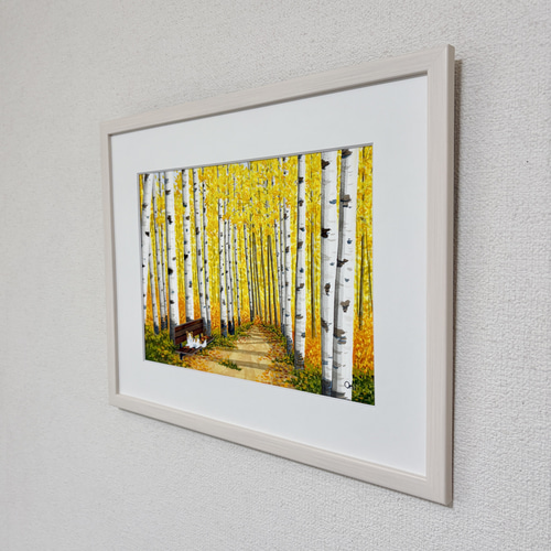 透明水彩画　原画　「白樺の小径01」額縁付き　F4サイズ　風景画 白樺の小径01」透明水彩画 原画 風景画 額縁付 F4サイズ 絵画 Oni 通販