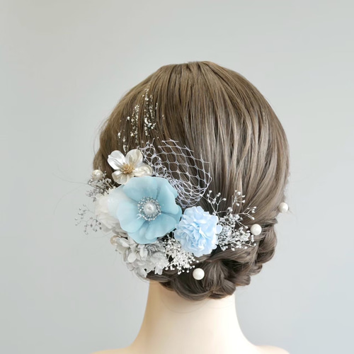 A022 アネモネ ブルー 水色 シルバー 髪飾り 卒業式 袴 成人式 振袖