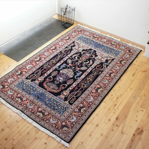 ペルシャ絨毯 カシャン産 220×140cm 黒色 糸杉柄 メフラブ 伝統工芸品