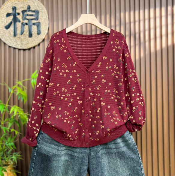 綿100% プリント ニットカーディガン ショート丈 秋 新作 レディース シンプル 上品 通勤 オフタイム 5枚目の画像
