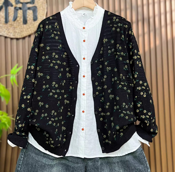 綿100% プリント ニットカーディガン ショート丈 秋 新作 レディース シンプル 上品 通勤 オフタイム 6枚目の画像