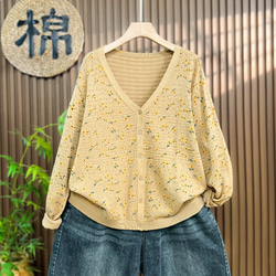 綿100% プリント ニットカーディガン ショート丈 秋 新作 レディース シンプル 上品 通勤 オフタイム 3枚目の画像