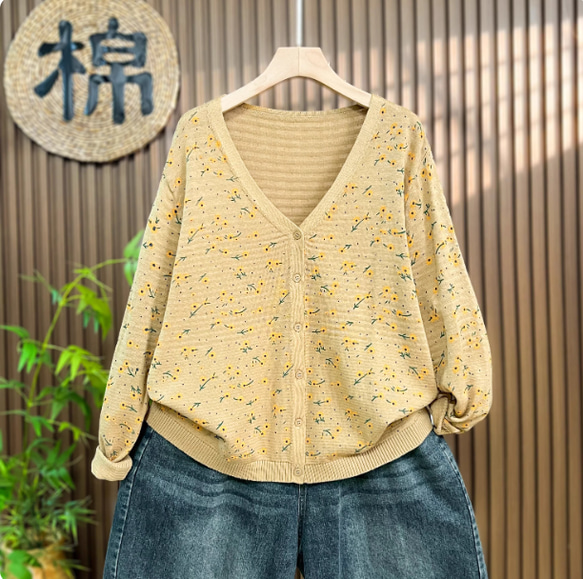 綿100% プリント ニットカーディガン ショート丈 秋 新作 レディース シンプル 上品 通勤 オフタイム 3枚目の画像