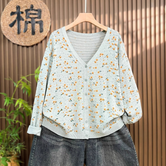 綿100% プリント ニットカーディガン ショート丈 秋 新作 レディース シンプル 上品 通勤 オフタイム 4枚目の画像