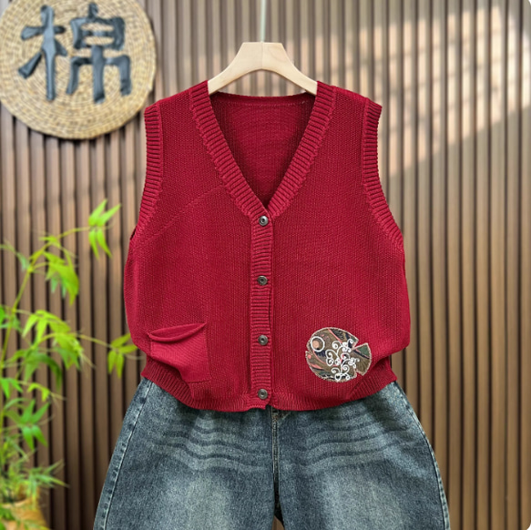 綿100% Vネック  ニットベスト 秋冬 ゆったりオーバーサイズ 綿毛糸 アンサンブル 重ね着 おしゃれ ノーカ 3枚目の画像