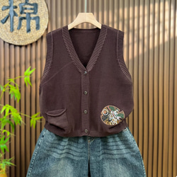 綿100% Vネック  ニットベスト 秋冬 ゆったりオーバーサイズ 綿毛糸 アンサンブル 重ね着 おしゃれ ノーカ 2枚目の画像