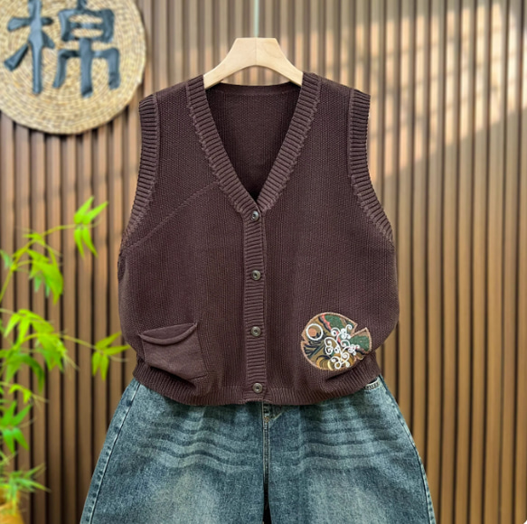 綿100% Vネック  ニットベスト 秋冬 ゆったりオーバーサイズ 綿毛糸 アンサンブル 重ね着 おしゃれ ノーカ 2枚目の画像