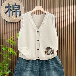 綿100% Vネック  ニットベスト 秋冬 ゆったりオーバーサイズ 綿毛糸 アンサンブル 重ね着 おしゃれ ノーカ 4枚目の画像