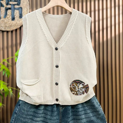 綿100% Vネック  ニットベスト 秋冬 ゆったりオーバーサイズ 綿毛糸 アンサンブル 重ね着 おしゃれ ノーカ 6枚目の画像