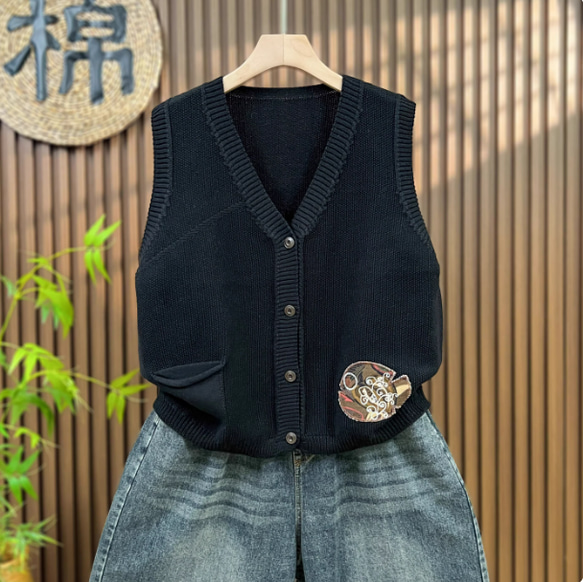 綿100% Vネック  ニットベスト 秋冬 ゆったりオーバーサイズ 綿毛糸 アンサンブル 重ね着 おしゃれ ノーカ 5枚目の画像