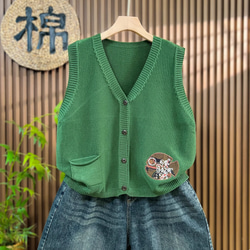 綿100% Vネック  ニットベスト 秋冬 ゆったりオーバーサイズ 綿毛糸 アンサンブル 重ね着 おしゃれ ノーカ 1枚目の画像