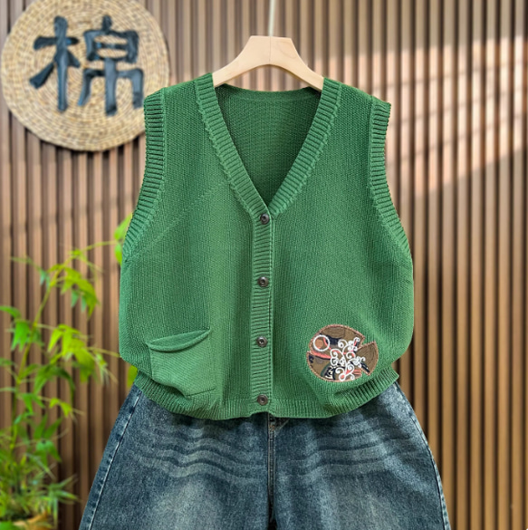 綿100% Vネック  ニットベスト 秋冬 ゆったりオーバーサイズ 綿毛糸 アンサンブル 重ね着 おしゃれ ノーカ 1枚目の画像