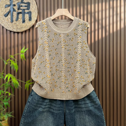 綿100% プリント  ニットベスト 秋冬 ゆったりオーバーサイズ 綿毛糸 アンサンブル 重ね着 おしゃれ ノーカ 3枚目の画像