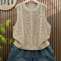 綿100% プリント  ニットベスト 秋冬 ゆったりオーバーサイズ 綿毛糸 アンサンブル 重ね着 おしゃれ ノーカ 6枚目の画像