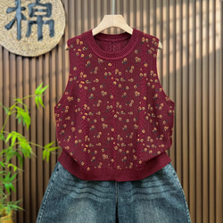 綿100% プリント  ニットベスト 秋冬 ゆったりオーバーサイズ 綿毛糸 アンサンブル 重ね着 おしゃれ ノーカ 1枚目の画像