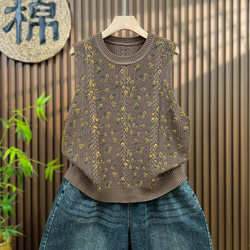 綿100% プリント  ニットベスト 秋冬 ゆったりオーバーサイズ 綿毛糸 アンサンブル 重ね着 おしゃれ ノーカ 4枚目の画像