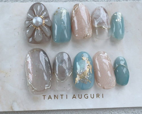 サックスブルー グレー色 ネイルチップ 青 大理石フレンチ くすみ