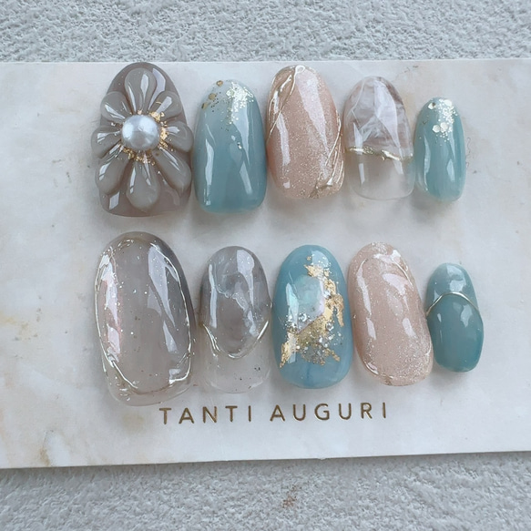 サックスブルー グレー色 ネイルチップ 青 大理石フレンチ くすみ