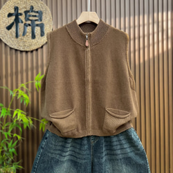 綿100% ビッグサイズ レディース ジップアップニットベスト ノースリーブ 秋春 ニットベスト 3枚目の画像