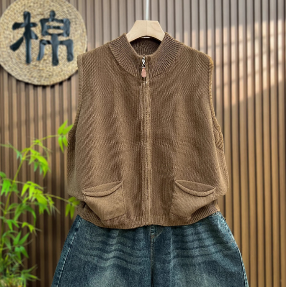 綿100% ビッグサイズ レディース ジップアップニットベスト ノースリーブ 秋春 ニットベスト 3枚目の画像