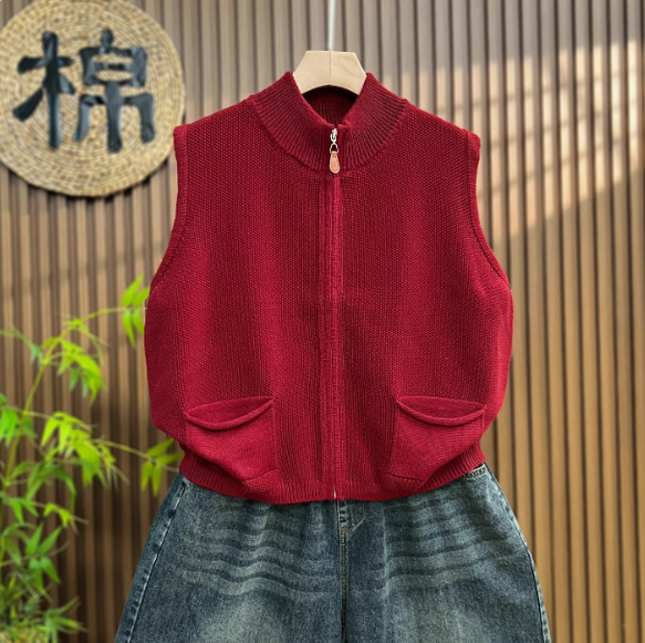 綿100% ビッグサイズ レディース ジップアップニットベスト ノースリーブ 秋春 ニットベスト 1枚目の画像