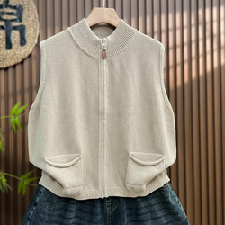 綿100% ビッグサイズ レディース ジップアップニットベスト ノースリーブ 秋春 ニットベスト 5枚目の画像