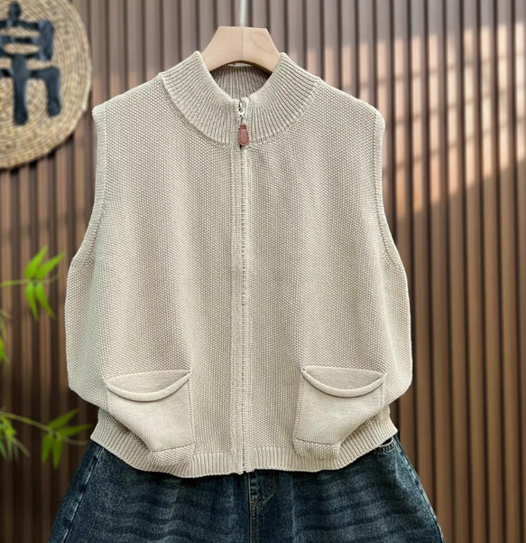 綿100% ビッグサイズ レディース ジップアップニットベスト ノースリーブ 秋春 ニットベスト 5枚目の画像