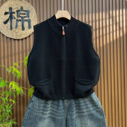 綿100% ビッグサイズ レディース ジップアップニットベスト ノースリーブ 秋春 ニットベスト 2枚目の画像
