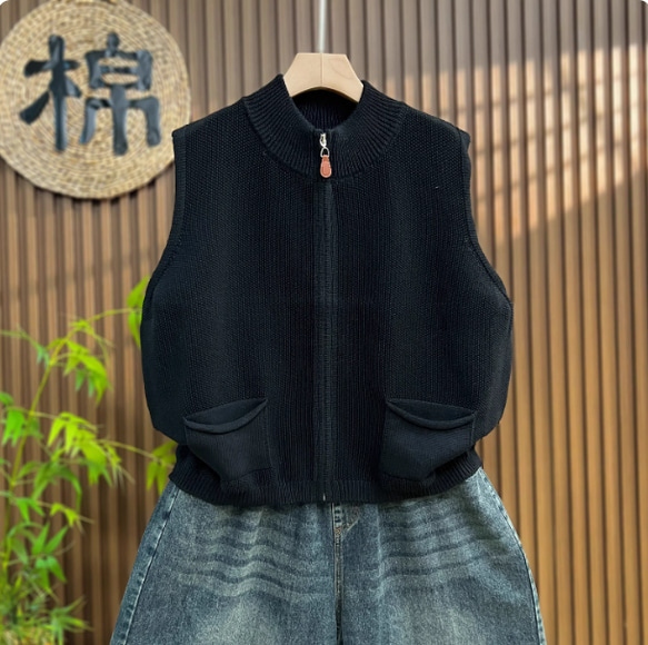 綿100% ビッグサイズ レディース ジップアップニットベスト ノースリーブ 秋春 ニットベスト 2枚目の画像