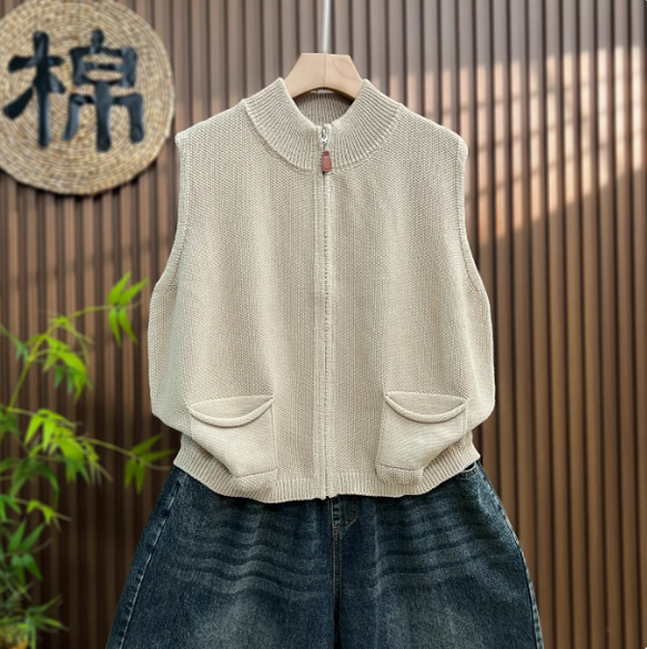 綿100% ビッグサイズ レディース ジップアップニットベスト ノースリーブ 秋春 ニットベスト 4枚目の画像