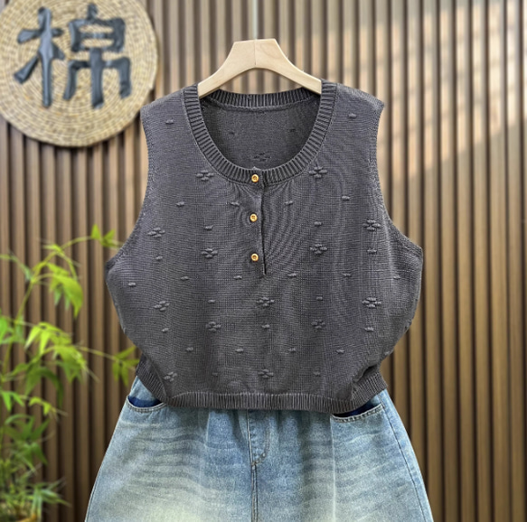 綿  丸首  ニットベスト 秋冬 ゆったりオーバーサイズ 綿毛糸 アンサンブル 重ね着 おしゃれ ノーカ 2枚目の画像