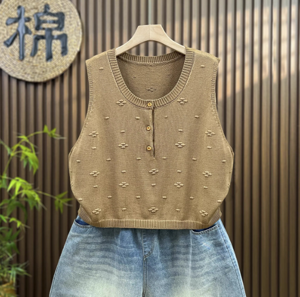 綿  丸首  ニットベスト 秋冬 ゆったりオーバーサイズ 綿毛糸 アンサンブル 重ね着 おしゃれ ノーカ 5枚目の画像