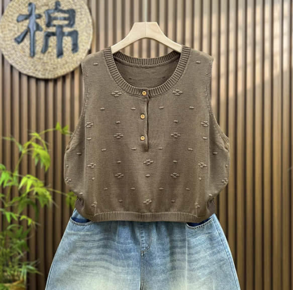 綿  丸首  ニットベスト 秋冬 ゆったりオーバーサイズ 綿毛糸 アンサンブル 重ね着 おしゃれ ノーカ 1枚目の画像